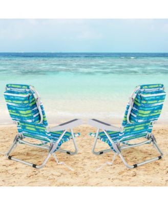 Foldable Backpack Beach Chair with Cup Holder and Storage Pockets for Outdoor-Blue and Green