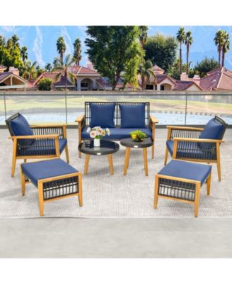 7 Piece Outdoor Conversation Set with Stable Acacia Wood Frame Cozy Seat & Back Cushions-Navy