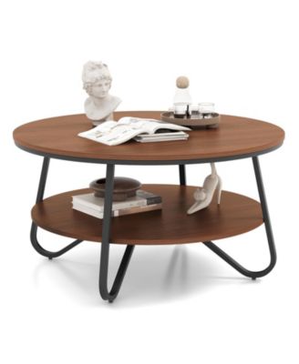 33.5 Inch Round Coffee Table with Wood Grain Finish and Heavy-duty Metal Frame-Walnut