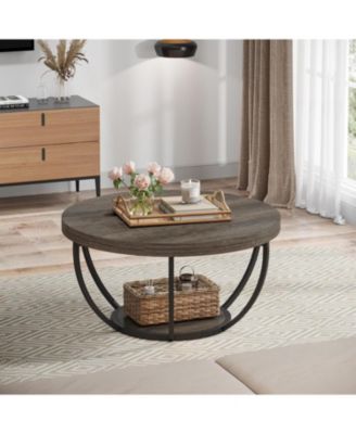 Round Coffee Table, Industrial 2-Tier Circle Coffee Table with Storage Shelves for Living Room, Home Office