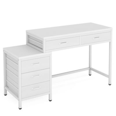 Computer Desk with 5 Drawers, Home Office Desks with Reversible Drawer Cabinet Printer Stand, Rustic Study Writing Table Workstation