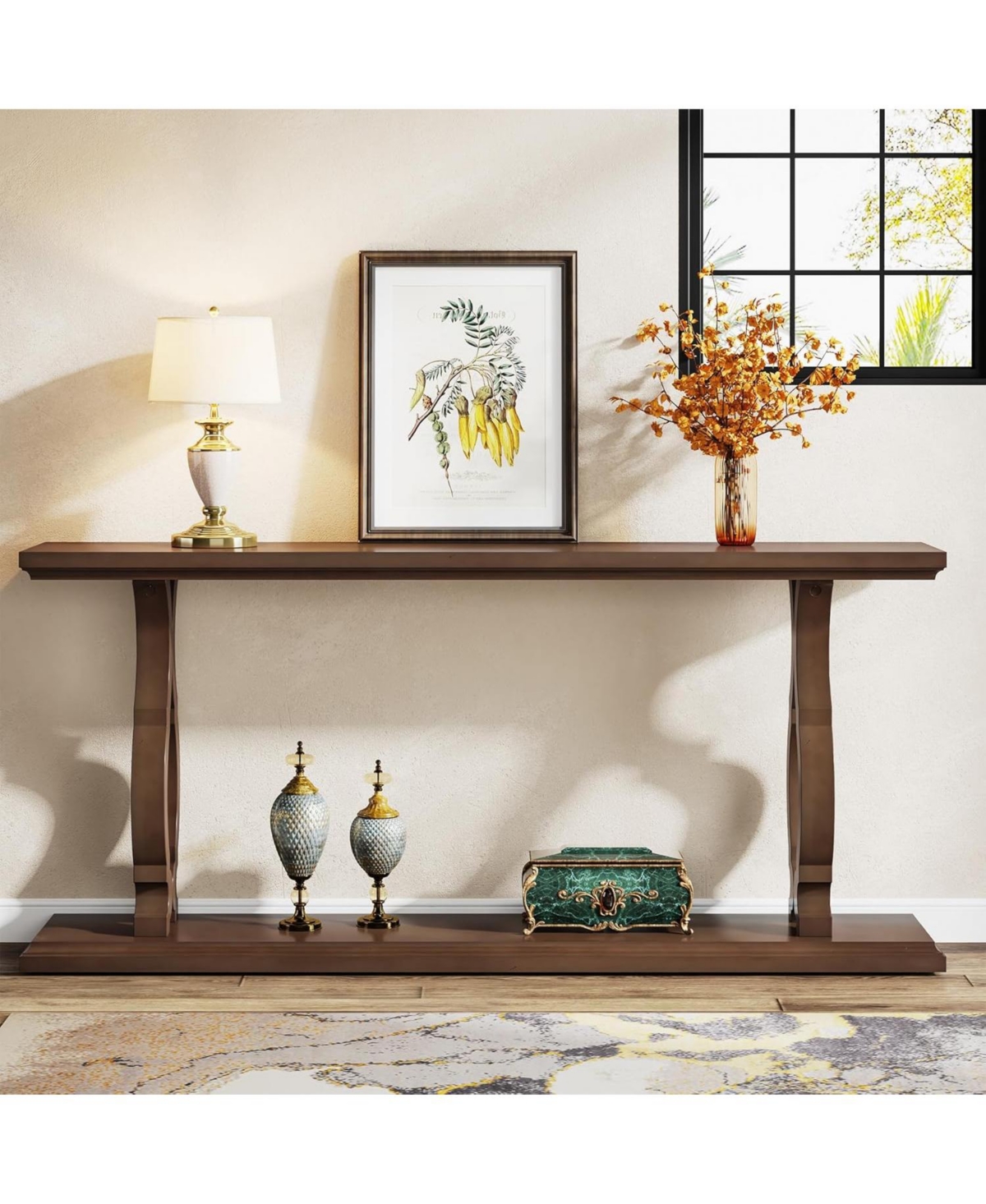 Tribesigns Inches Extra Long Sofa Table Behind Couch, Wood Narrow 2-Tier Entry Console Table with Geometric Shape, Accent Entryway Table Open Stora