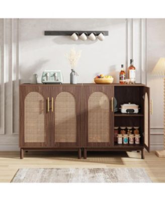 Set of 2 Rattan Sideboard Buffet Cabinet with Storage 59 Inch Accent Cabinet with Doors for Dining Room Living Room Kitchen