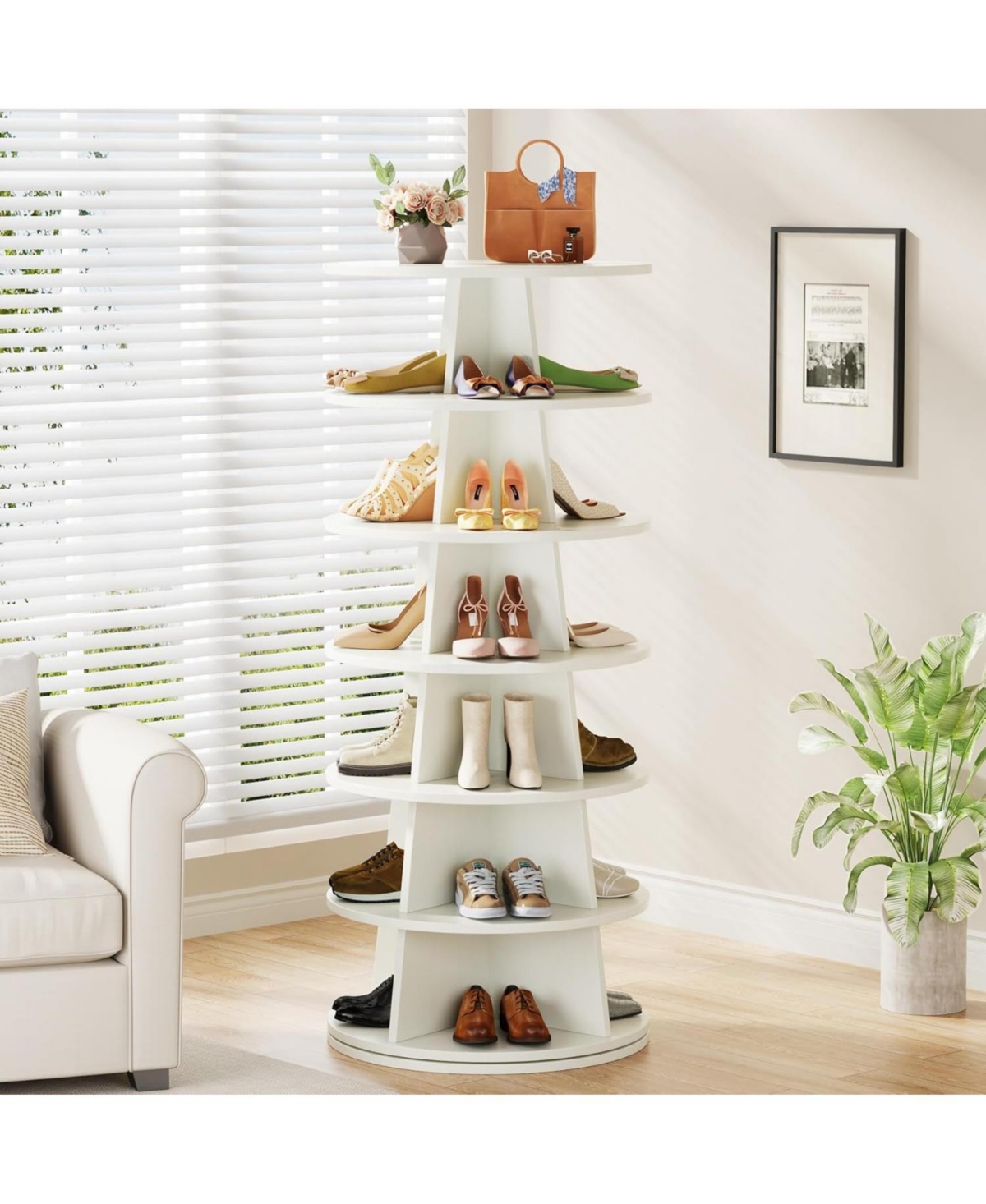 Tribesigns Rotating Shoe Rack, 7-Tier Revolving 24 Pairs Shoe Storage Shelf Tower, Modern Free Standing Wood Space-Saving 360° Spinning Shoe Orga