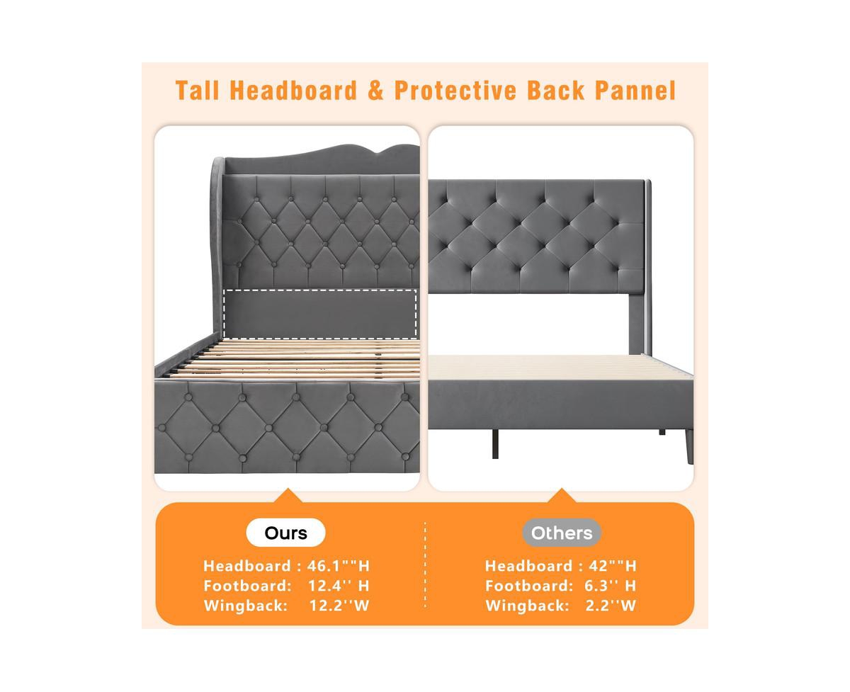 gaomon Upholstered Velvet Bed Frame With 4 Storage Drawers and Charging Station, Button Tufted Platform Bed With Wingback Headboard Shelf, Heavy Duty