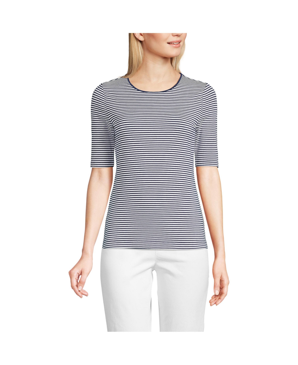 Lands' End Women's Lightweight Jersey Skimming Elbow Sleeve Crew Neck T-shirt -white micro stripe