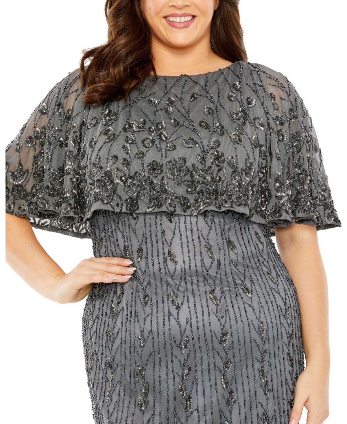 Mac Duggal Plus Size High Neck Embellished Column Dress with Cape