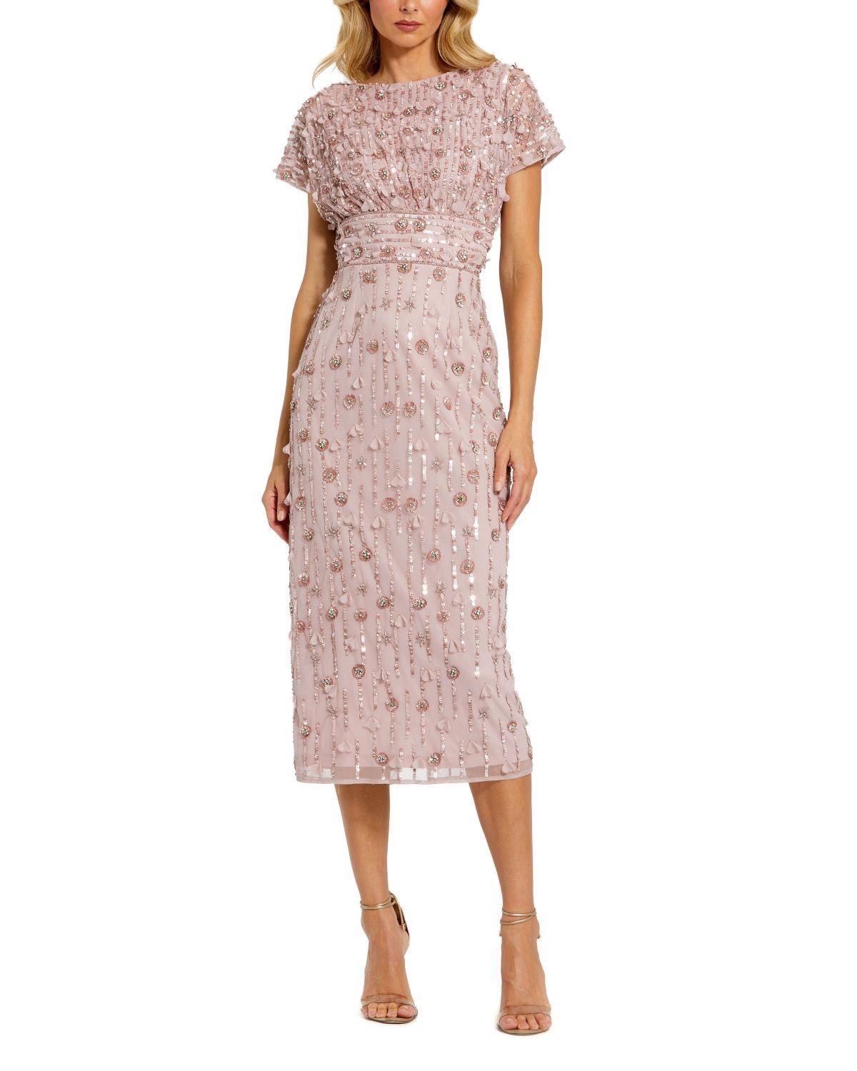 Mac Duggal - Pink Cap Sleeve Sheath Midi Dress With Floral Beading - Vintage Lilac / US 14