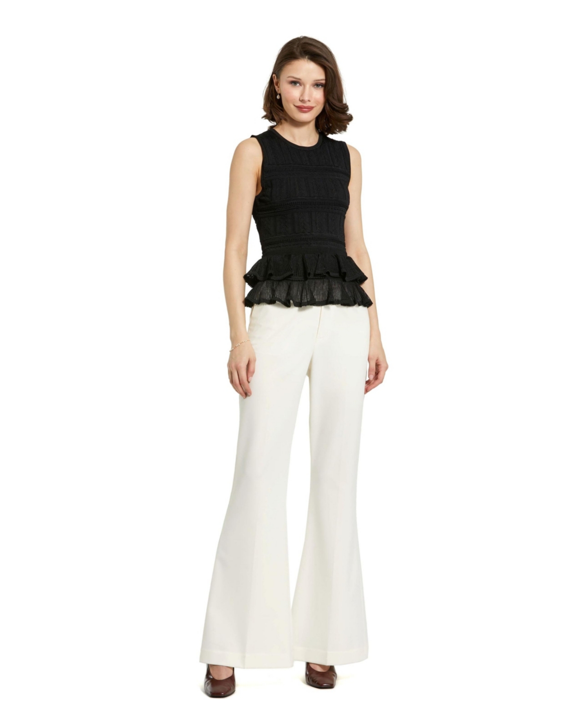 Mac Duggal Women's Sleeveless High Neck Knit Top With Ruffle Hem