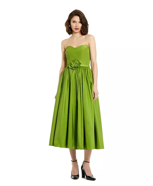 women's faille strapless a line midi dress with 3d rose
