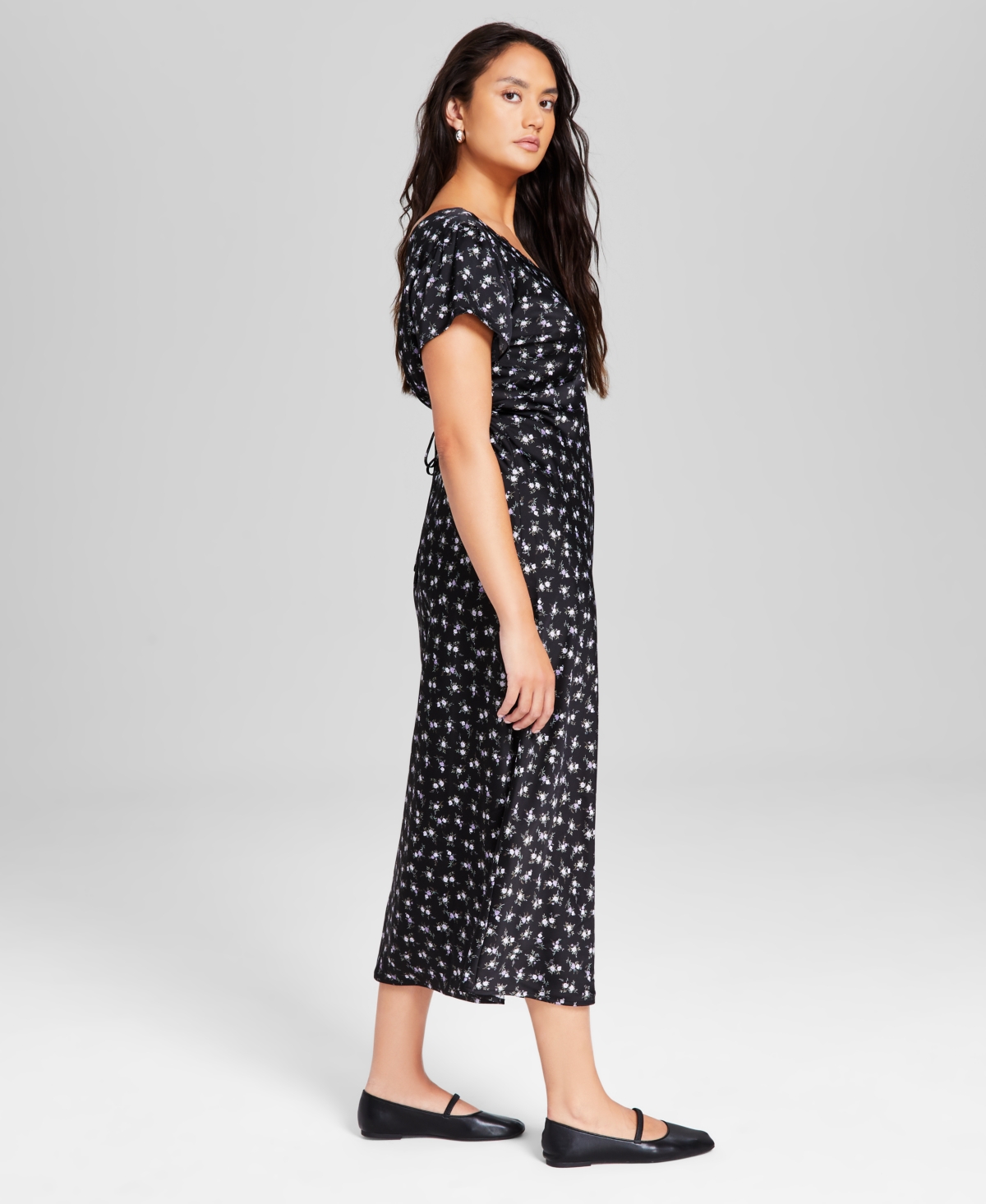 And Now This Women's Printed Satin V-Neck Midi Dress, Created for Macy's - Black  Lilac Floral
