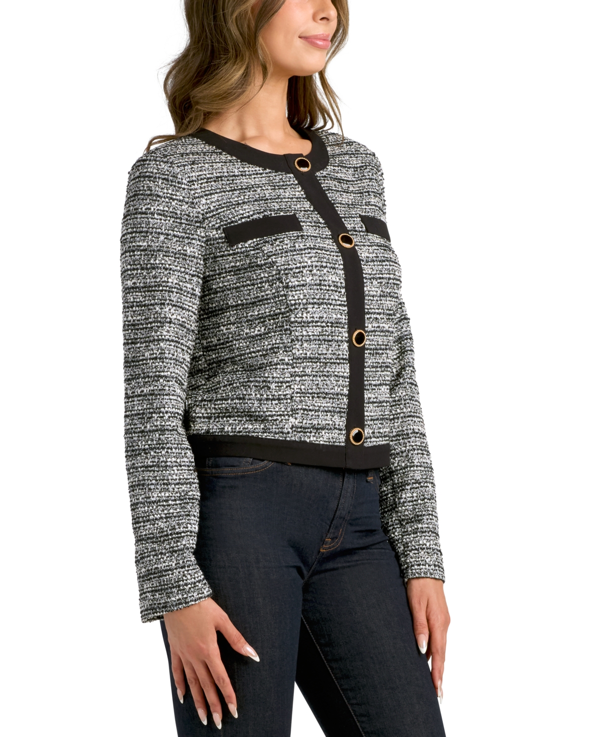 Bcx Juniors' Boucle Crop Button-Front Long-Sleeve Jacket - Color 1