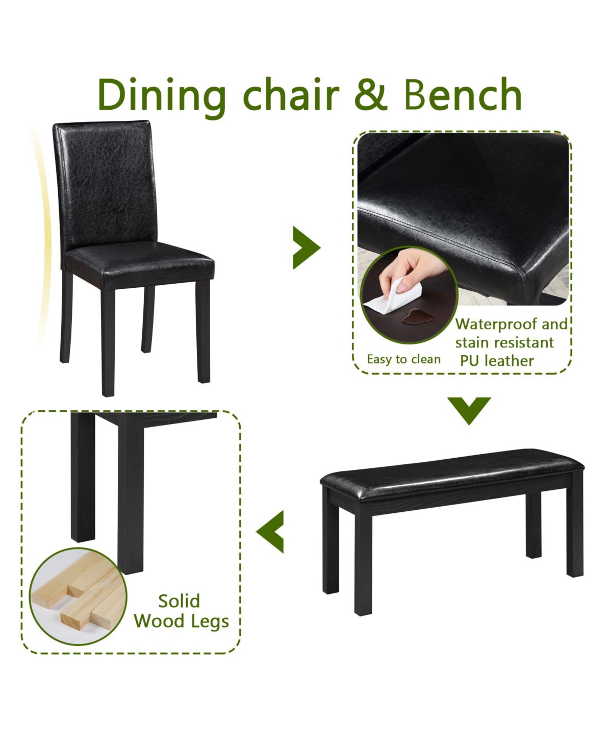Streamdale Furniture ModernDining Table with Bench for 6 - Black