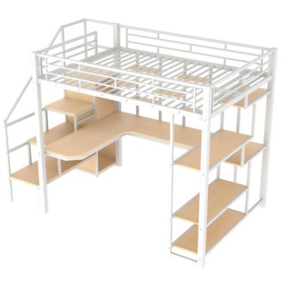  Metal Loft Bed with Staircase, Wardrobe, Desk, & Shelves