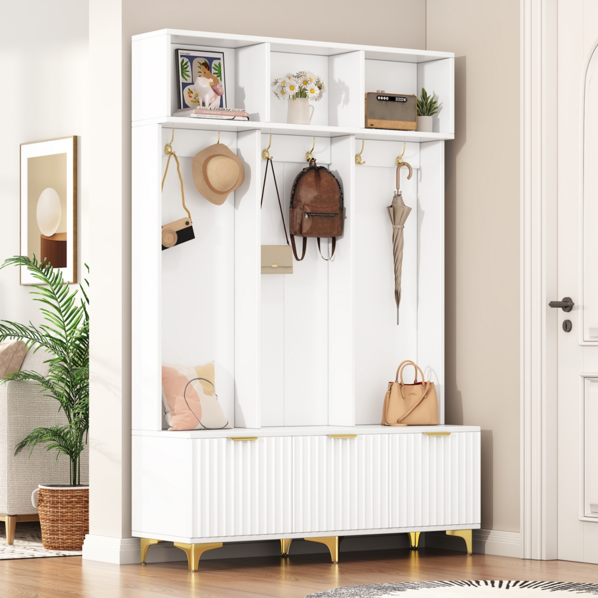 High Gloss Fluted Storage Hall Tree with Gold Accents - White+gold