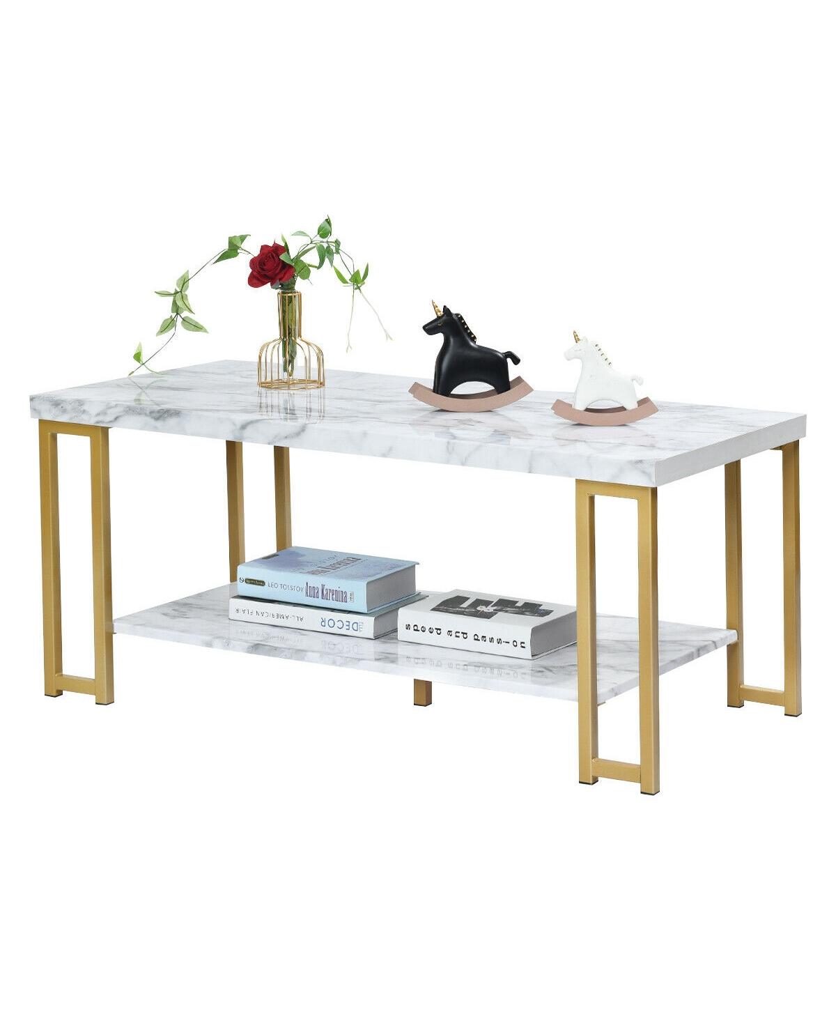 Sugift 2-Tier Rectangular Modern Coffee Table with Gold Print Metal Frame