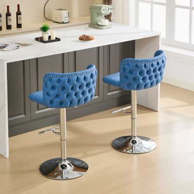 Set of 2 Adjustable Bar Stools with Chrome Base and Tufted Back, Blue