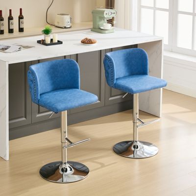 Set of 2 Adjustable Bar Stools with Chrome Base and Tufted Back, Blue