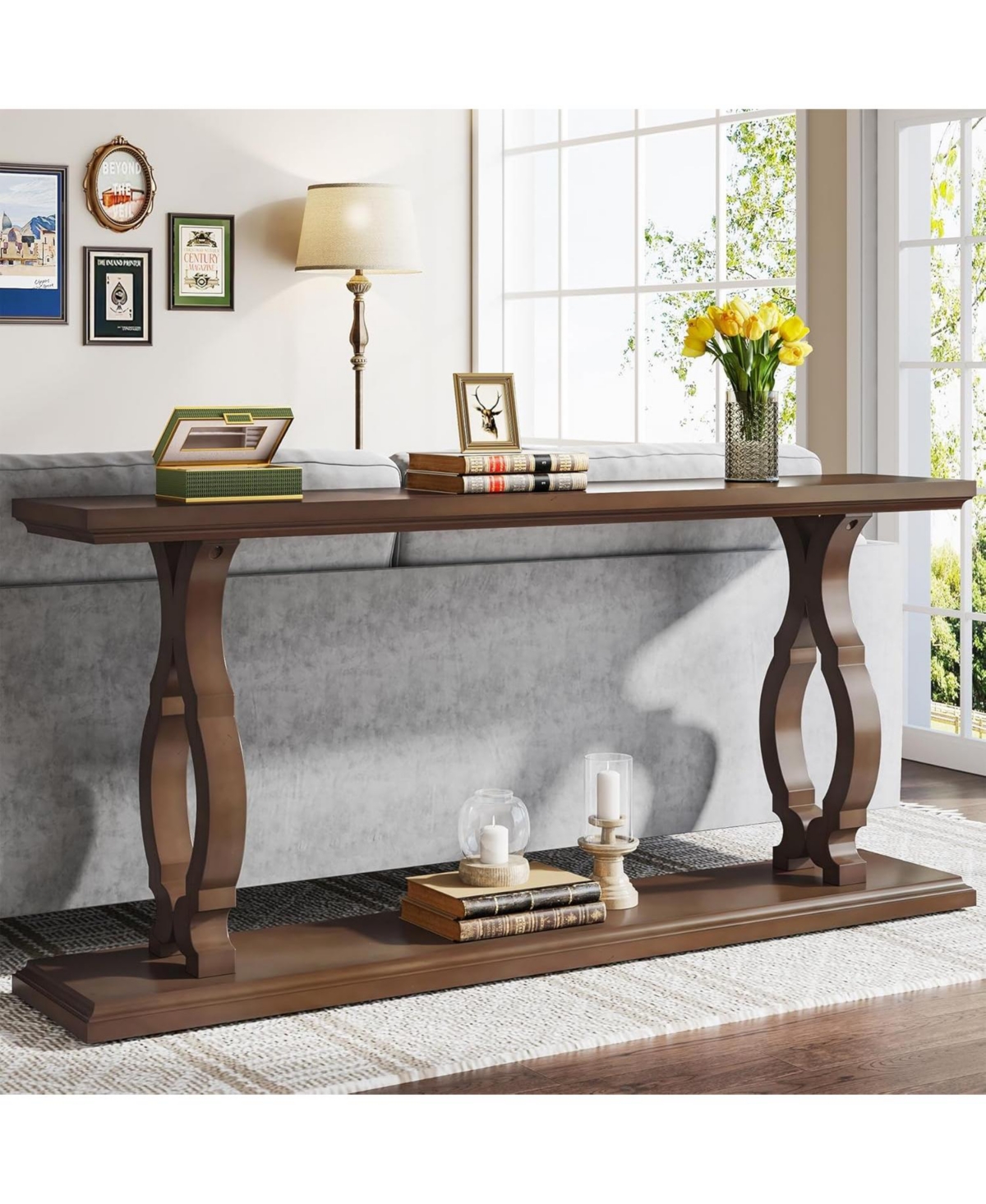 Tribesigns Inches Extra Long Sofa Table Behind Couch, Wood Narrow 2-Tier Entry Console Table with Geometric Shape, Accent Entryway Table Open Stora