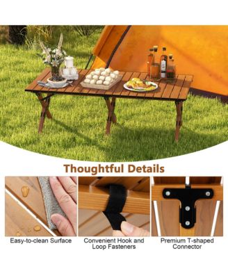 Folding Aluminum Camping Table with Carry Bag Roll-Up Picnic Table with Wood Grain
