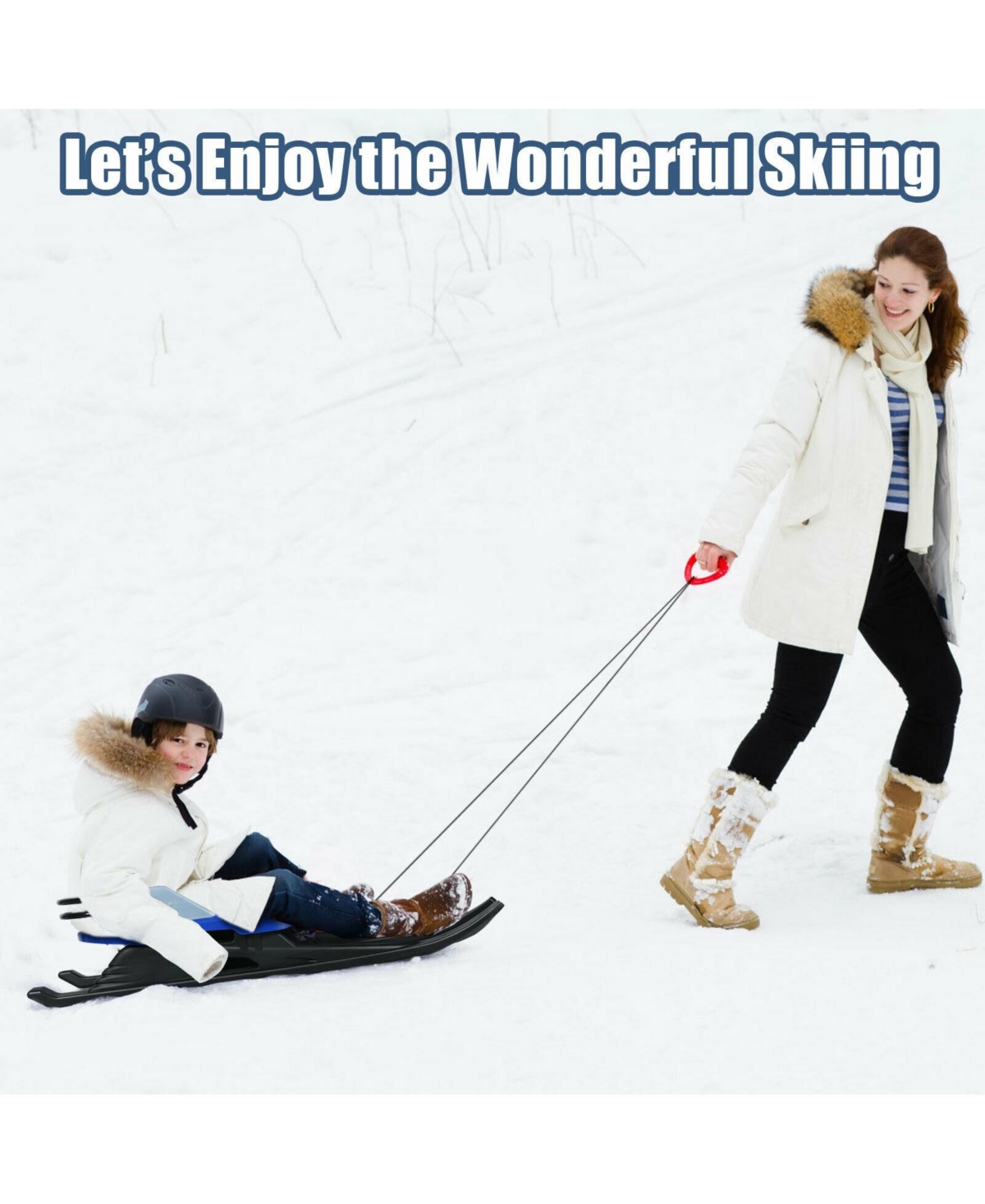 Vebreda Folding Kids' Metal Snow Sled with Pull Rope Snow Slider and Leather Seat