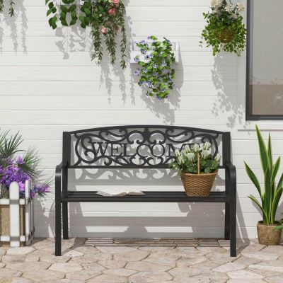 50" Black Metal Welcome Bench with Slatted Seat for Outdoor Spaces