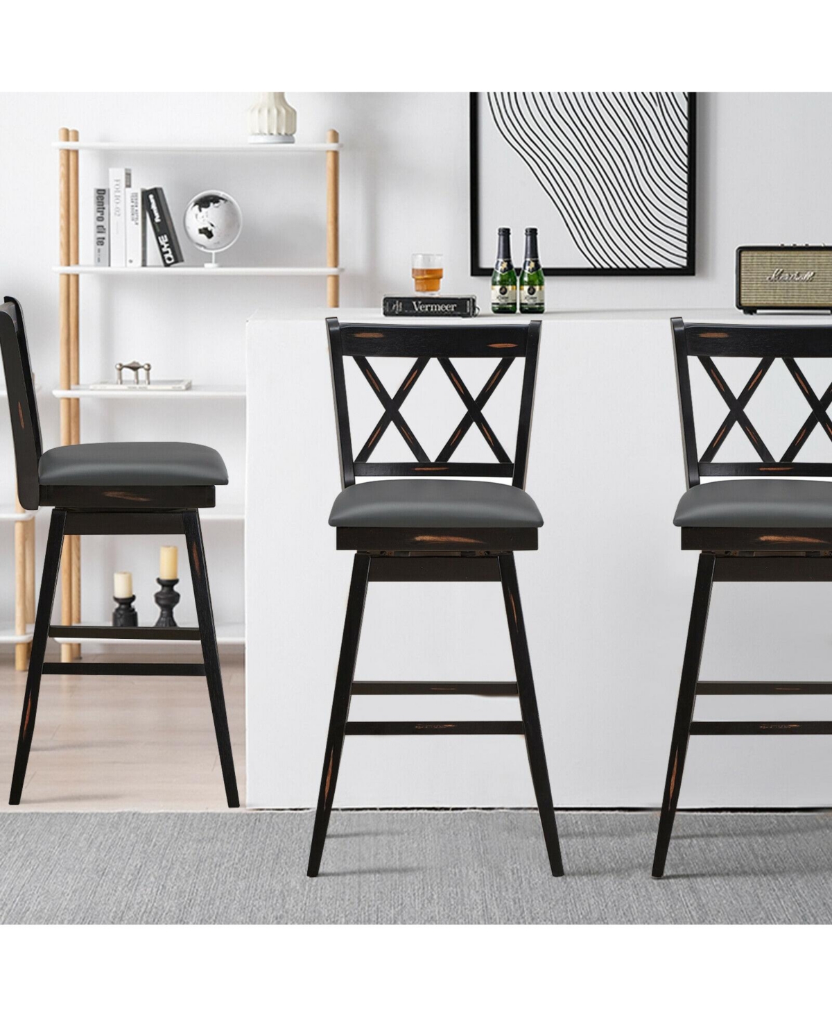 Skonyon 2 Pieces 29 Inch Swivel Counter Height Barstool Set with Rubber Wood Legs