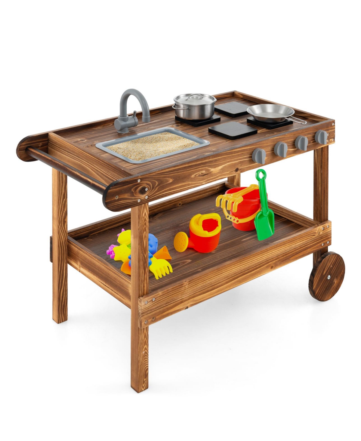 Vebreda Outdoor Movable Mud Kitchen with 2 Rolling Wheels and 1 Push Handle- Natural