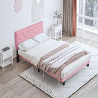 Modern Tufted Linen Platform Bed Frame with Slat Support, Pink