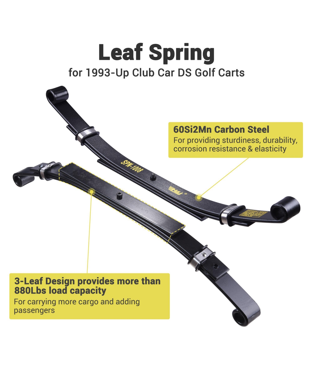 Yescom Set of 2 Rear Leaf Springs for Club Car Ds Golf Cart Heavy Duty Dual Action with Bushings