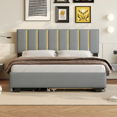 Luxury Velvet Upholstered Platform Bed with Trundle and Drawers
