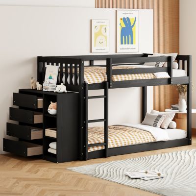 Twin over Twin Bunk Bed with 4 Drawers and 3 Shelves