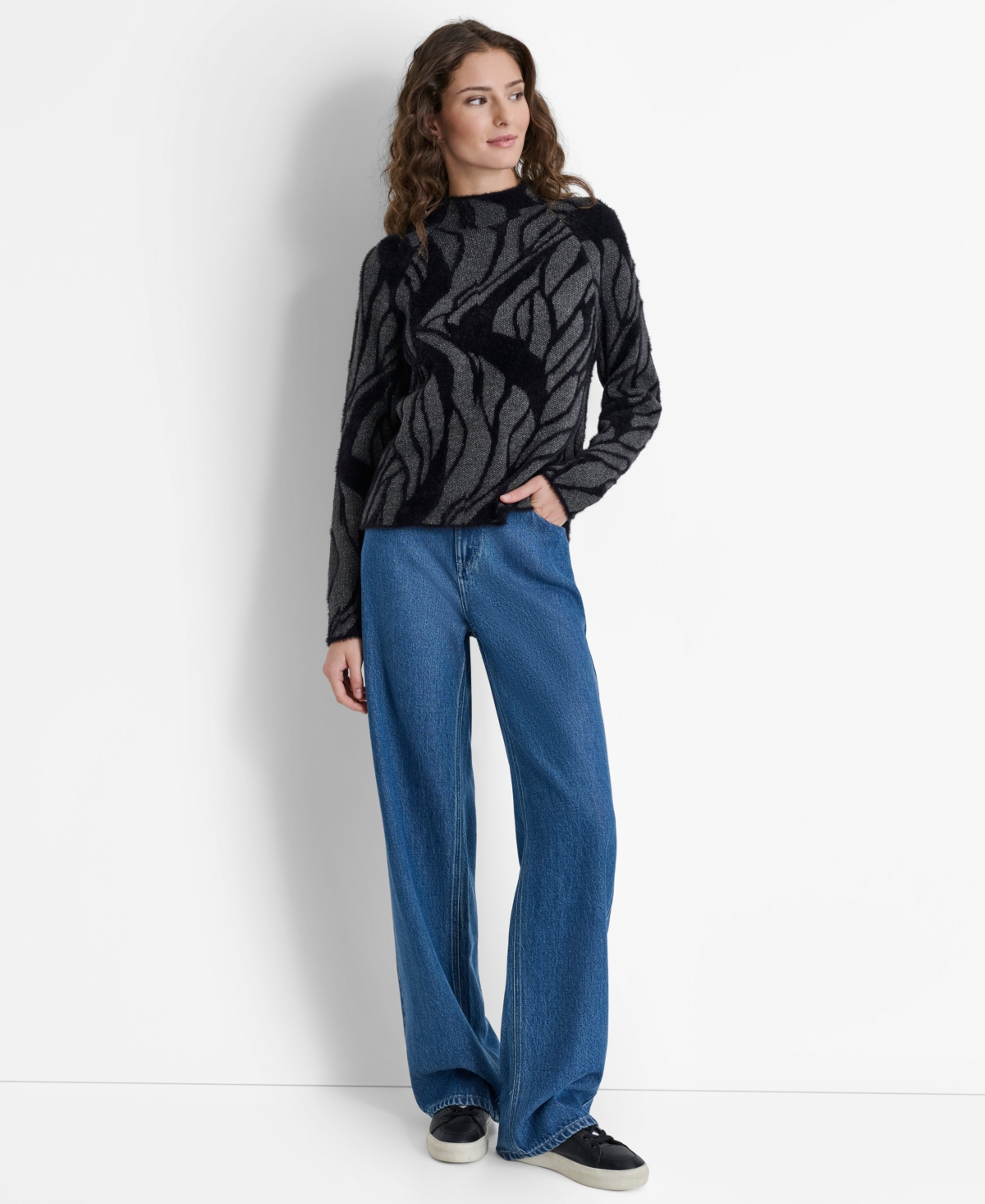 Dkny Women's Mock-Neck Mixed-Knit Long-Sleeve Sweater