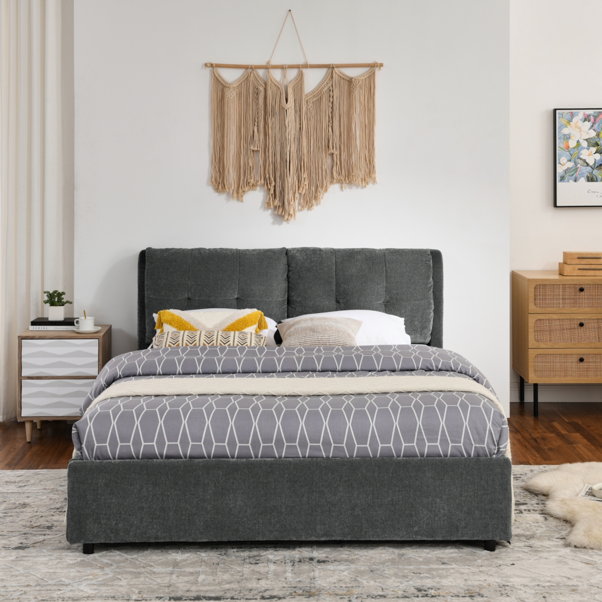 Streamdale Furniture Platform Bed with Hydraulic Storage and Headboard Chenille - Gray