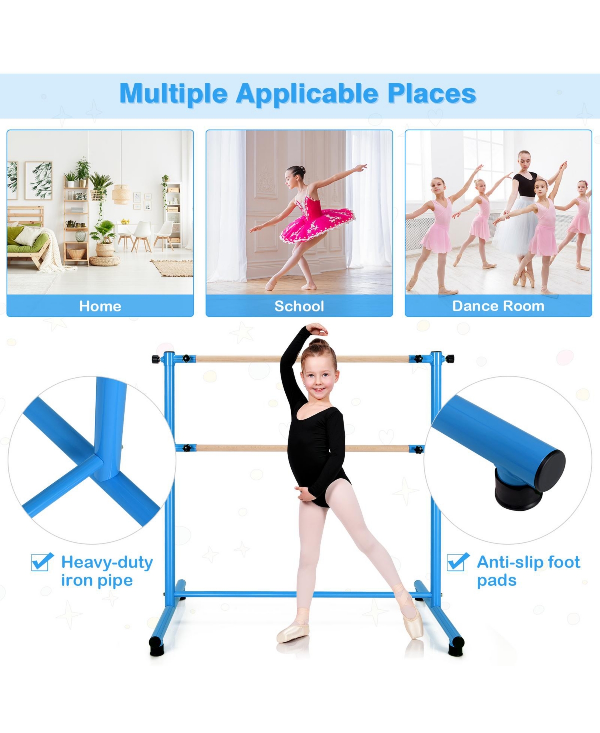 Vebreda 47 Inch Double Ballet Barre with Anti-Slip Footpads-Blue