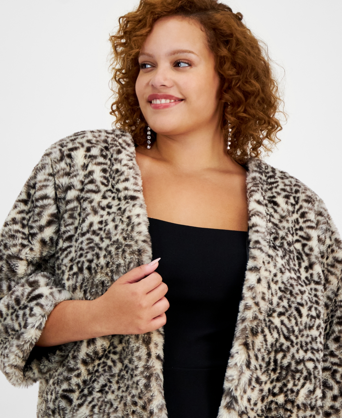 Bcx Trendy Plus Size Animal Print Open-Front Faux Fur Shrug
