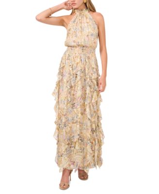 Women's Floral Smocked Cascade-Ruffle Halter Maxi Dress