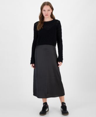 Freshman - Juniors' Pointelle Crewneck Sweater and Satin Slip Dress