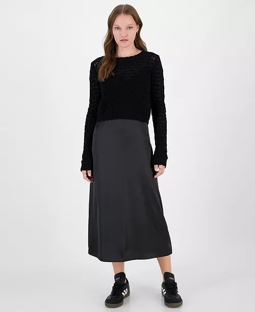 juniors' pointelle crewneck sweater and satin slip dress