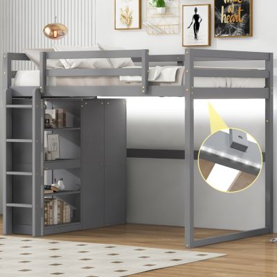 Gray Wooden Full Loft Bed with Wardrobe and LED Light
