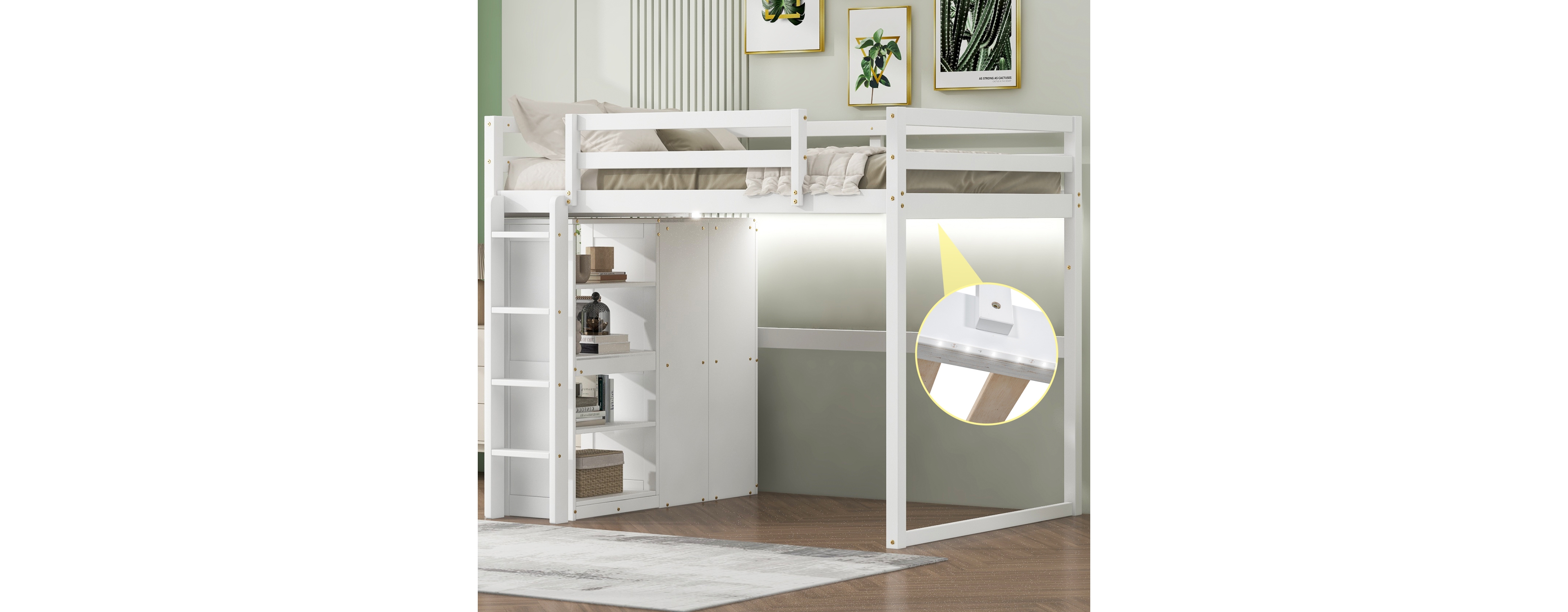 Streamdale Gray Wooden Full Loft Bed with Wardrobe and Led Light