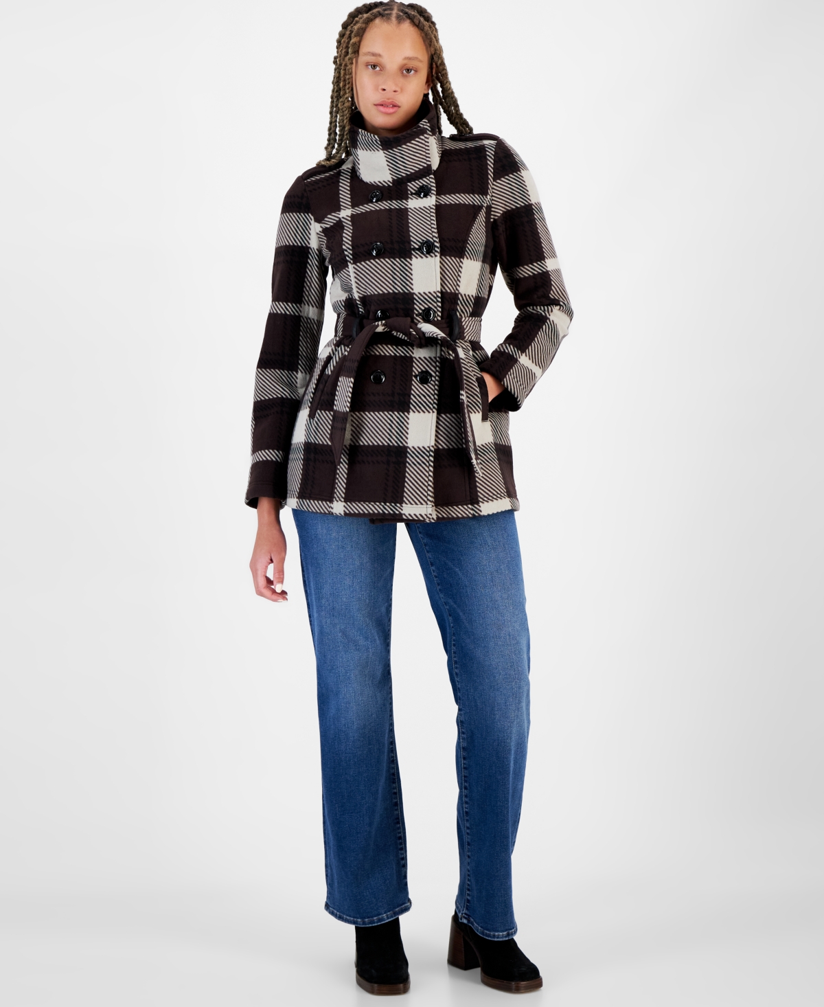Bcx Juniors' Micro-Fleece Double-Breasted Belted Coat -Beige