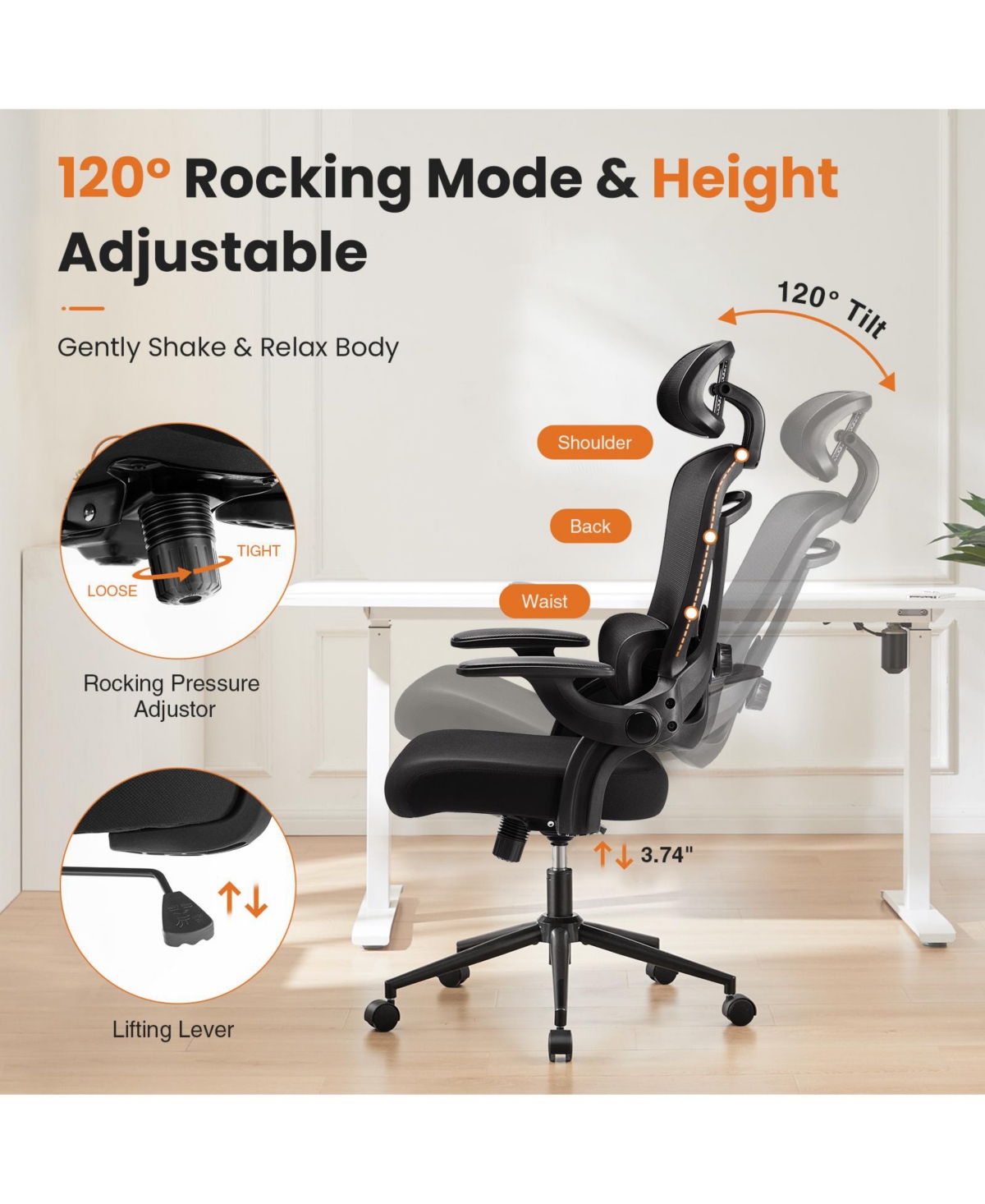 Streamdale Furniture Adjustable Mesh Office Chair with Lumbar Support & Headrest