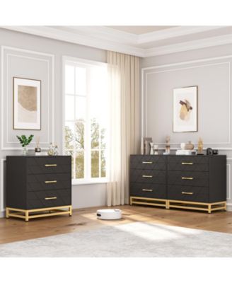 3 Drawer Dresser, Wood Chest Drawers with Storage for Closet, Bedroom, Drawers Dresser Modern Bedside Nightstand with Gold Handles,Black_15.8"D x 23.9"W x 28.7"H