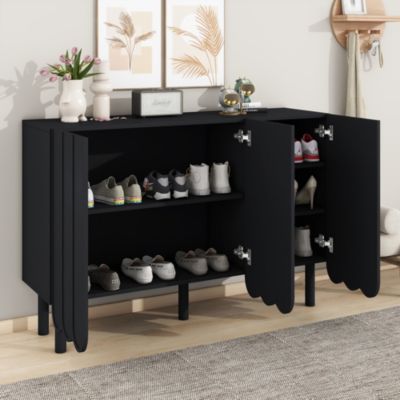 Simplie Fun Black Cream Style Minimalist Shoe Cabinet with Wave Doors