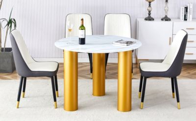 Marble Table and Chair Set: Gold Legs, Plush Chairs