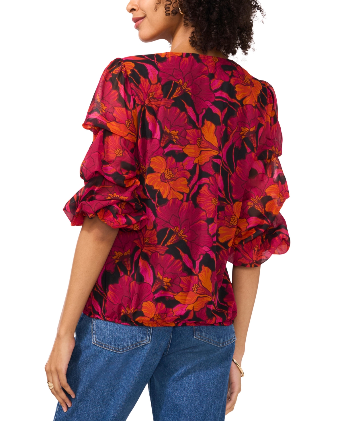 Vince Camuto Women's Floral-Print V-Neck Lantern-Sleeve Top