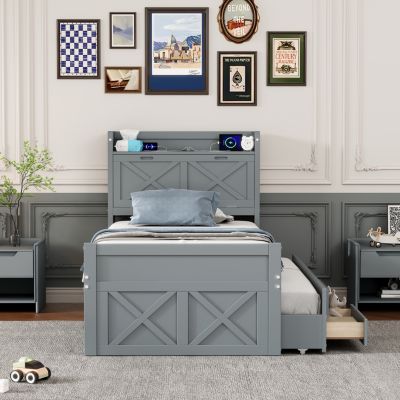 Streamdale Twin Bed with Storage Headboard and Trundle