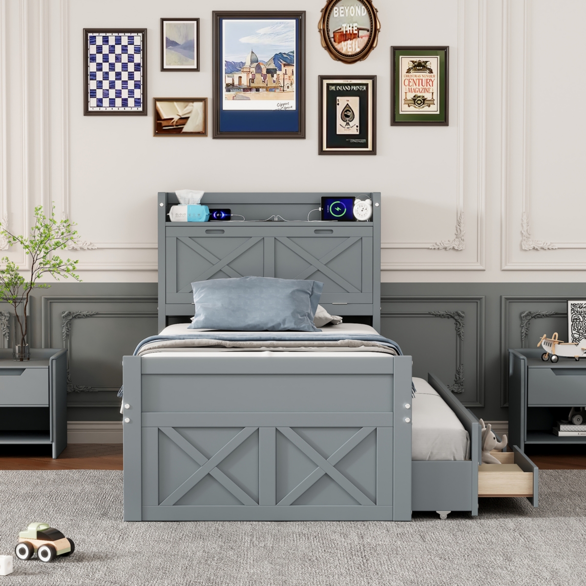 Streamdale Twin Bed with Storage Headboard and Trundle