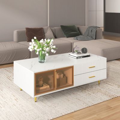 White Coffee Table with Storage, Gold Legs, LED Lighting (47.2")
